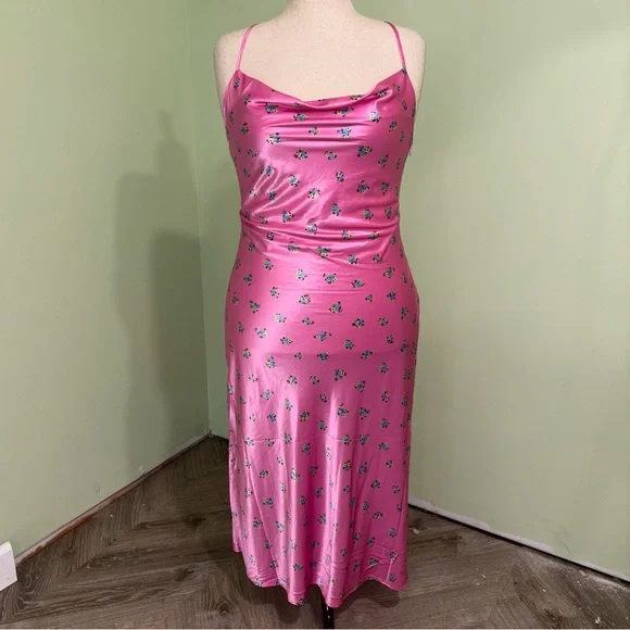 NWT H&M Pink Floral Satin Open Back Cowl Neck Maxi Dress Fairy Boho Women’s Sz L - Picture 1 of 7